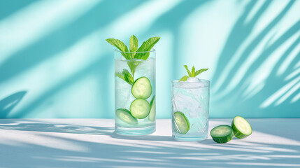 Refreshing cucumber mint infused water in sunlit setting