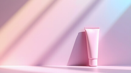 Pink cosmetic tube on pastel background with soft light