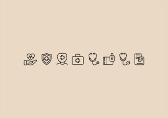 Vector illustration of minimal healthcare icons in line style - healthcare, medical, icons, line, vector, stethoscope, clipboard, shield, first aid, health.






