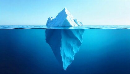 An iceberg visible above and below water on a clear blue background, illustrating the concept of hidden depth, created with generative ai