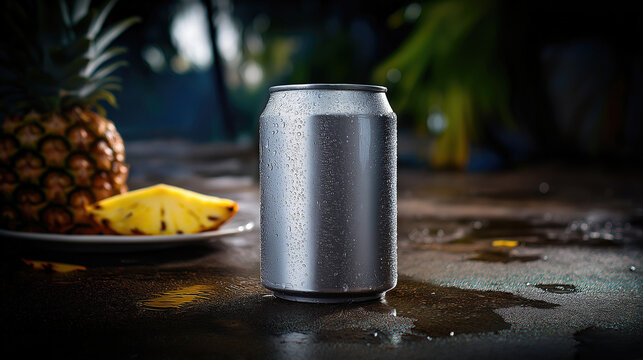 Refreshing beverage can with pineapple on wet surface in outdoor setting