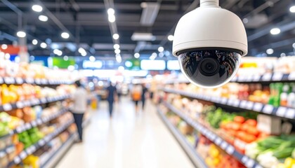 Surveillance camera capturing blurred checkout area in supermarket for retail loss prevention strategy