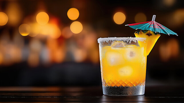 Refreshing tropical cocktail with umbrella on ice at a dimly lit bar