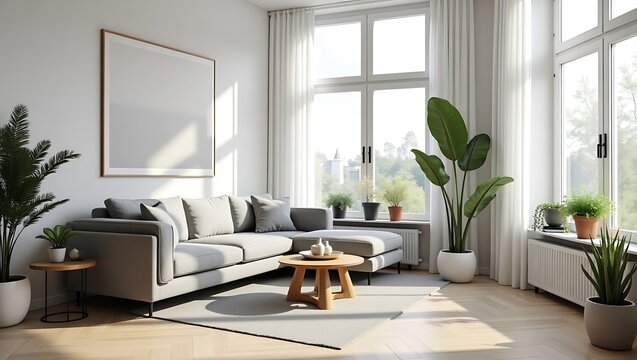 Mockup poster in modern living room interior background