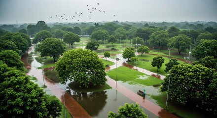 Top view of monsoon city park with birds and flooded paths | rain aesthetic wallpaper background, monsoon rain news update