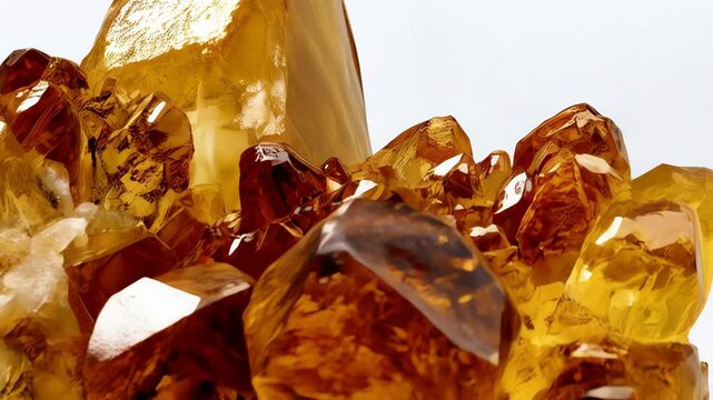 Close-up shot of large citrine gemstone cluster with sharp, clear points in warm honey and amber colors against white background.