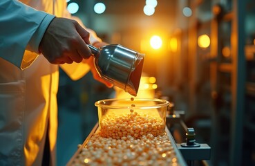 Pharmaceutical factory pills production. Hand pouring pills, drugs, medication. Pills production line, medicine manufacturing process. Drugs factory worker controls tablets, capsules. Medical