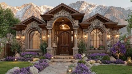 Luxurious Stone House Exterior  Mountain View  Sunset