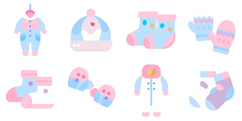 Icons of cozy baby winter clothing illustrations featuring hats, mittens, socks, and snowsuits 