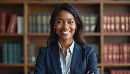 Smiling confident African American lawyer in office. Portrait of young black female attorney in law firm. Pro, happy, successful businesswoman with crossed arms at workplace.