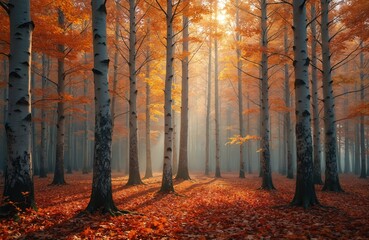 Obraz premium Scenic autumn forest landscape. Tall trees with white trunks, vibrant orange leaves create fall season mood. Sunlight rays break through branches. Colorful foliage carpet ground, creating picturesque