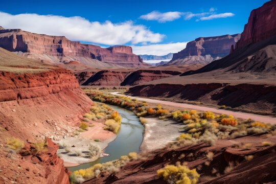 Scenic river valley in red rock canyon autumn landscape