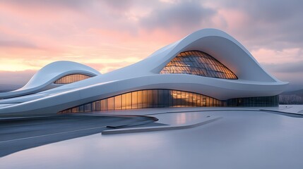 Modern architectural structure at dawn.