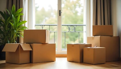 Cardboard boxes packed and shifted in new home with apartment window view in background created with generative ai
