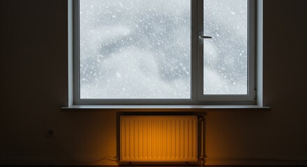 Electric radiator glowing with warm light in a dark room during a heavy snowstorm outside the window. Heat during winter season.