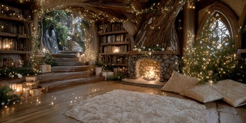 Magical Christmas Library  Fireplace  Tree  Gifts  Cozy Winter Scene