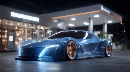 Naklejka premium Futuristic Electric Sports Car Charging at Night