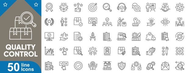 Quality control line icons set vector illustration. Thin outline style symbols representing Inspection, testing, certification, evaluation, compliance, product approval, assurance and more.