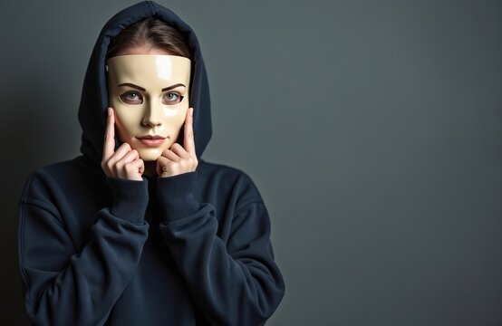 Young woman in hoodie hides face behind mask. Anonymous person, self-identification, identity problems, impostor syndrome. Studio shot, dark gray background. Mental health, psychology, social issues.
