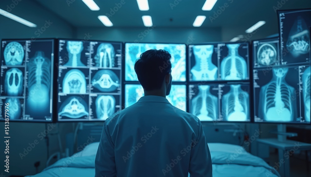 Poster Doctor examines digital imaging on multiple screens. Digital Twin tech transforms healthcare with ai diagnostic solutions in smart hospital. Advanced medical solutions, future medicine.