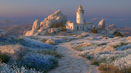 Coastal Lighthouse  Blooming Flowers  Rocky Cliffs  Scenic Vista  Sunrise