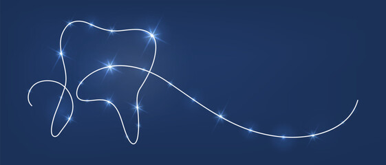 Shining tooth on dark blue background. Dentist concept. Continuous line drawing. Frame border.