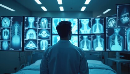 Doctor examines digital imaging on multiple screens. Digital Twin tech transforms healthcare with ai diagnostic solutions in smart hospital. Advanced medical solutions, future medicine.