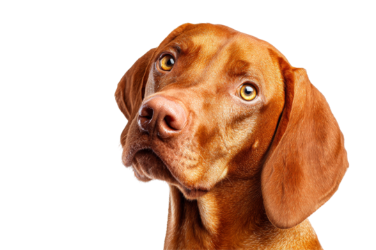 Friendly brown dog with expressive eyes, alert posture, soft fur, ideal for pet-related themes or companionship highlights. Isolated on white background or PNG