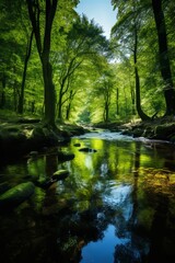 Obraz premium Serene forest stream reflecting lush green canopy