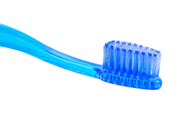 Vibrant blue toothbrush, bristles designed for effective cleaning, perfect for dental hygiene themes, ample space for messages. Isolated on white background or PNG