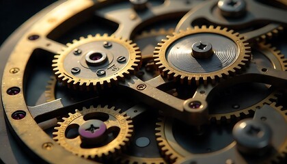 Intricate watch gears: A close-up view reveals the inner workings of a complex clock mechanism, showcasing its intricate gears and screws in a detailed, created with generative ai