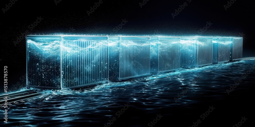 Aufkleber interconnected shipping global concept. Illuminated structures appear submerged in a flowing body of water, creating a surreal effect.