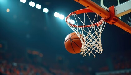 Fototapeta premium Basketball ball goes through net. Sport action, indoor game. Orange leather ball, white nylon net, orange backboard rim. Basketball match, competition in arena, focus on score.