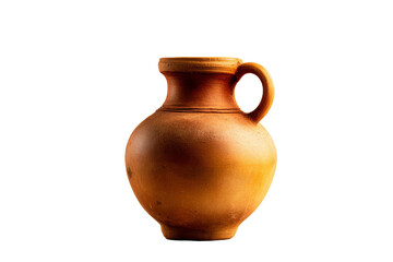 Clay pottery vessel, handcrafted earthenware jug with a curved body and a loop handle, perfect for home decor or art display. Isolated on white background or PNG