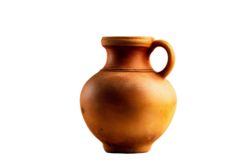 Clay pottery vessel, handcrafted earthenware jug with a curved body and a loop handle, perfect for home decor or art display. Isolated on white background or PNG