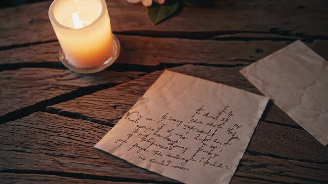 Whispered Memories: A flickering candle casts a warm, intimate glow upon a handwritten letter, evoking sentiments of nostalgia, thought and deep feelings, nestled on a rustic, textured wooden surface.