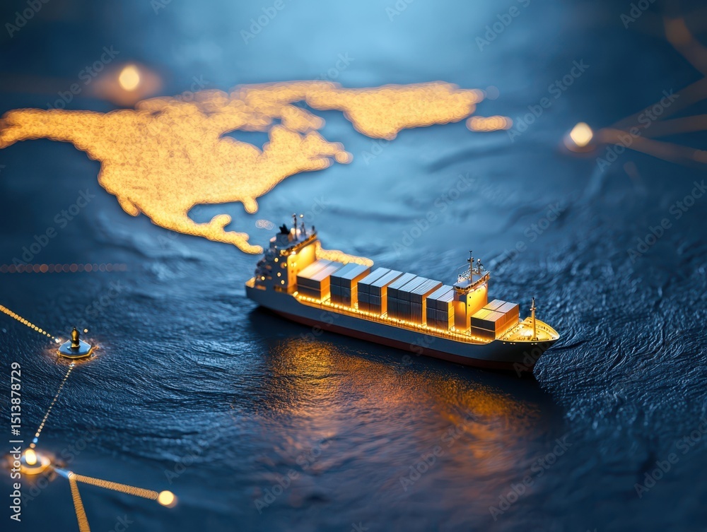 Poster interconnected shipping global concept. A cargo ship navigating illuminated waters with a map-like glow in the background.