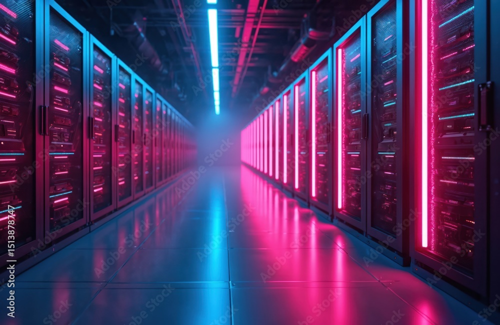 Leinwandbilder futuristic data center corridor illuminated neon lights. servers in server room. high technology dig