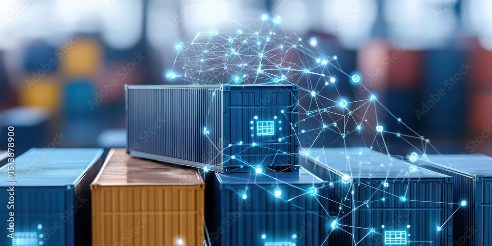 Poster interconnected shipping global concept. innovative shipping containers with digital connections illu
