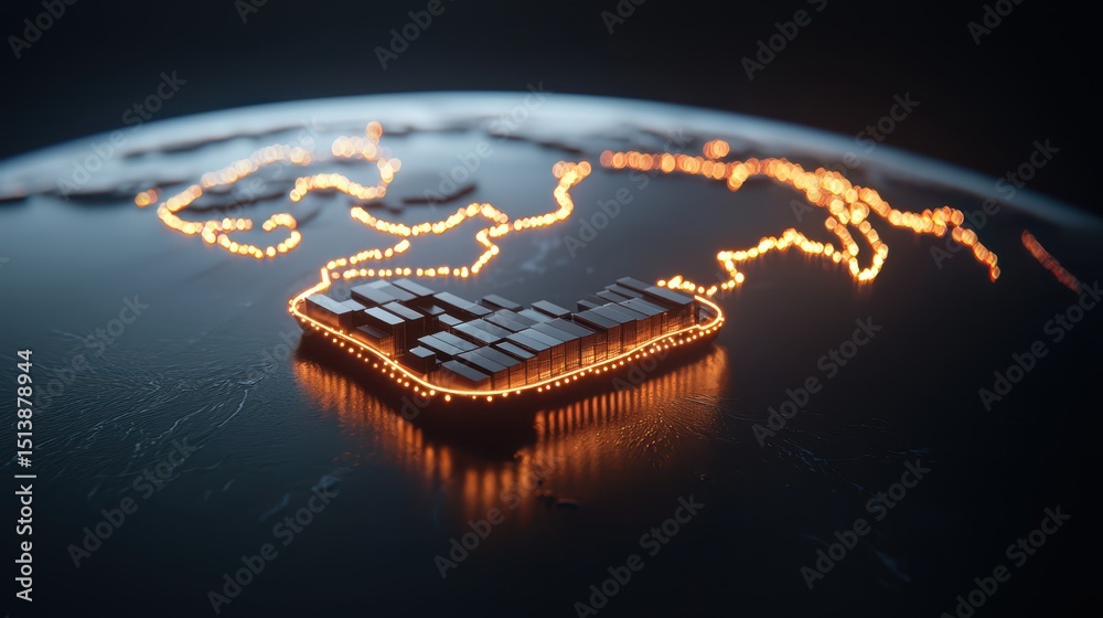 Poster interconnected shipping global concept. a futuristic cargo ship illuminated at night, floating on a 