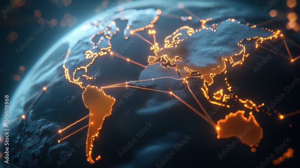 Poster interconnected shipping global concept. Digital globe with interconnected networks and glowing connections highlighting global communication.
