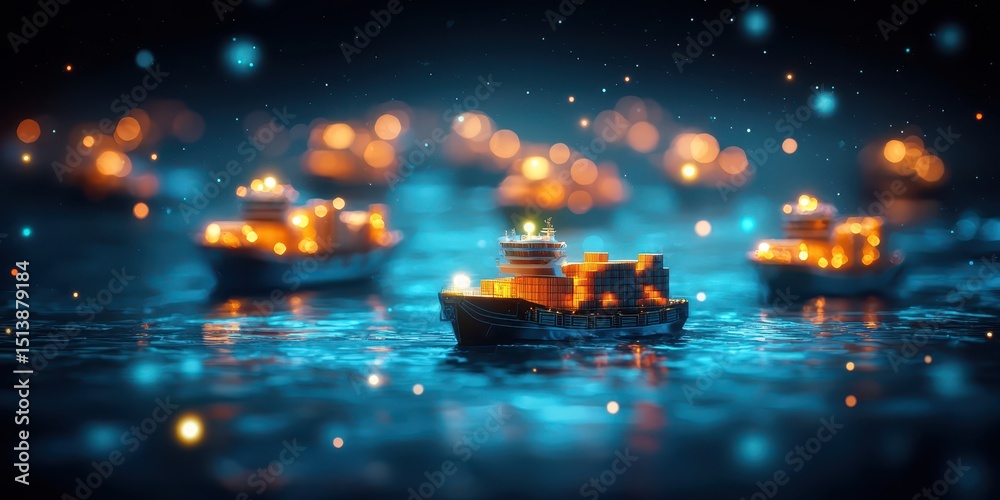 Aufkleber interconnected shipping global concept. a serene night scene with illuminated ships on a calm water 