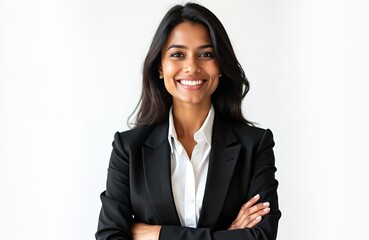 Smiling Indian businesswoman in blazer on white background. Confident, attractive, pro adult woman. Positive, cheerful female employee, manager executive smiles. Corporate success, career in