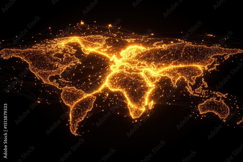 Poster interconnected shipping global concept. Global network map illuminated with vibrant lines and connections.