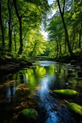 Fototapeta premium Serene forest river scene lush green canopy sunlight