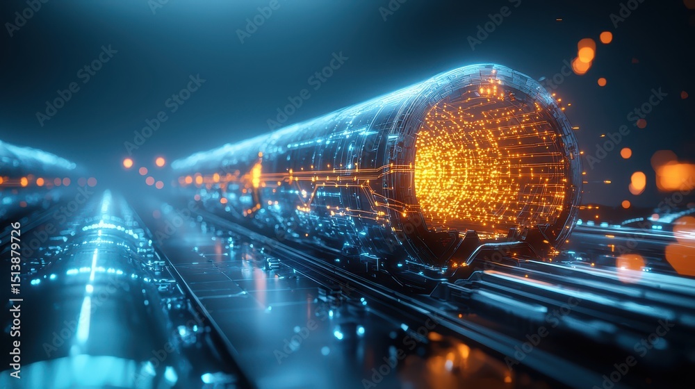 Poster interconnected shipping global concept. futuristic train design with glowing circuits and vibrant li