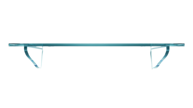 Minimalist transparent glass shelf with a sleek design isolated on white background