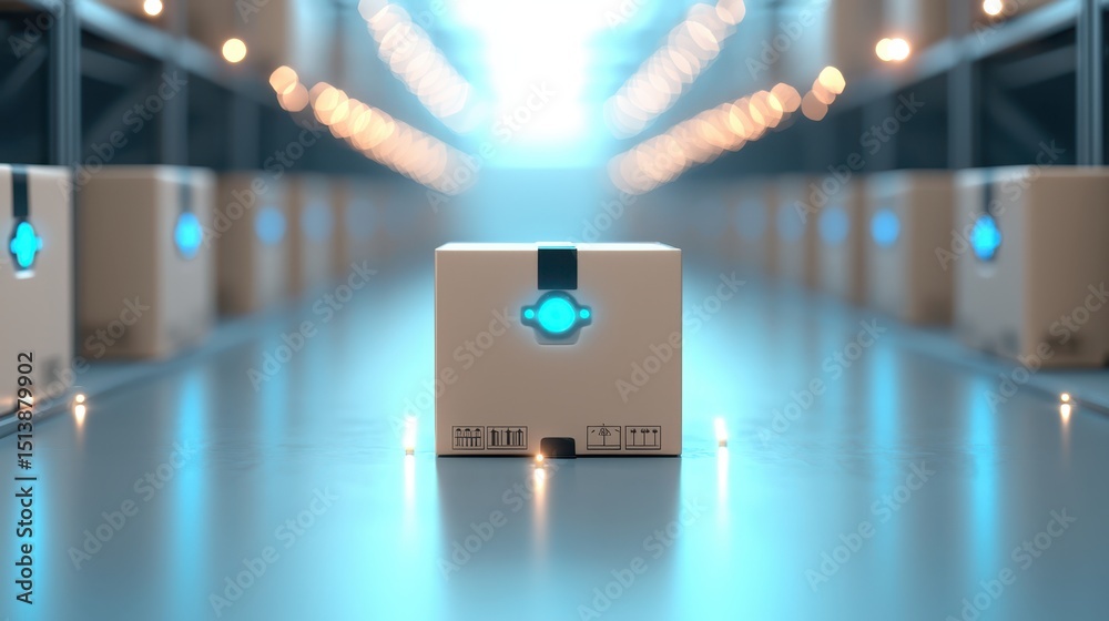 Poster interconnected shipping global concept. a futuristic delivery box surrounded by glowing lights in a 