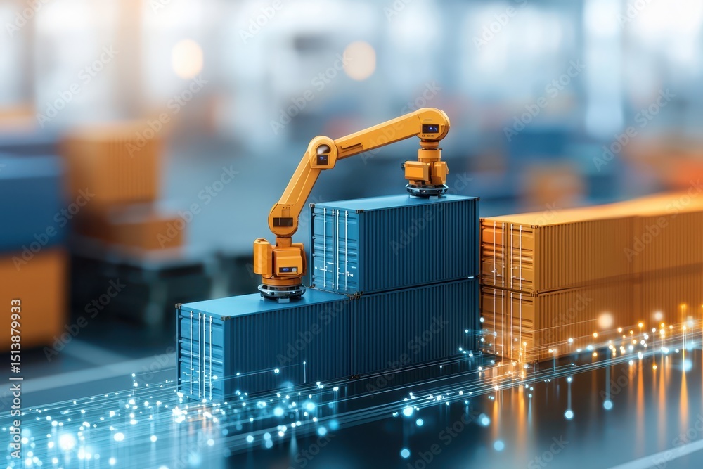 Poster interconnected shipping global concept. industrial robotic arm handling shipping containers in a mod