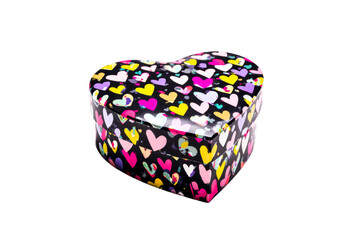 Colorful heart-shaped gift box, vibrant pattern of flowers, perfect for special occasions or gifts, eye-catching design with space for a message. Isolated on white background or PNG